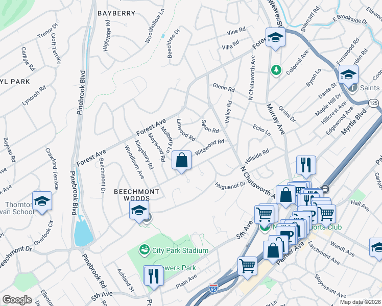map of restaurants, bars, coffee shops, grocery stores, and more near 73 Wildwood Road in New Rochelle