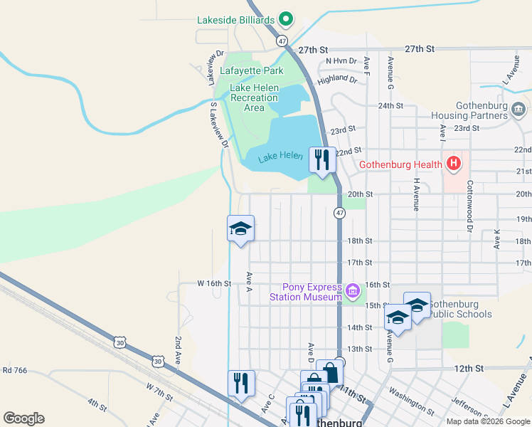map of restaurants, bars, coffee shops, grocery stores, and more near 1801-1999 Ave B in Gothenburg