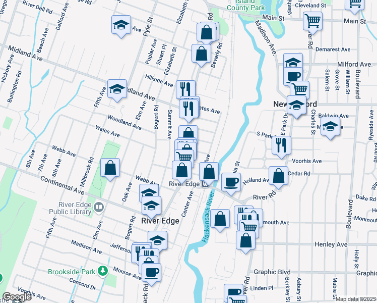 map of restaurants, bars, coffee shops, grocery stores, and more near 830 Kinderkamack Road in River Edge
