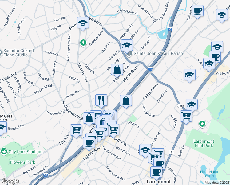 map of restaurants, bars, coffee shops, grocery stores, and more near 8 Cabot Road in Larchmont