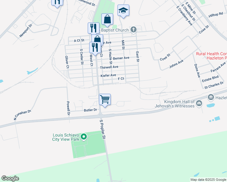 map of restaurants, bars, coffee shops, grocery stores, and more near 601 South Poplar Street in Hazleton