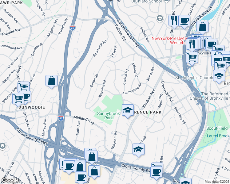 map of restaurants, bars, coffee shops, grocery stores, and more near 27 Carlton Road in Yonkers