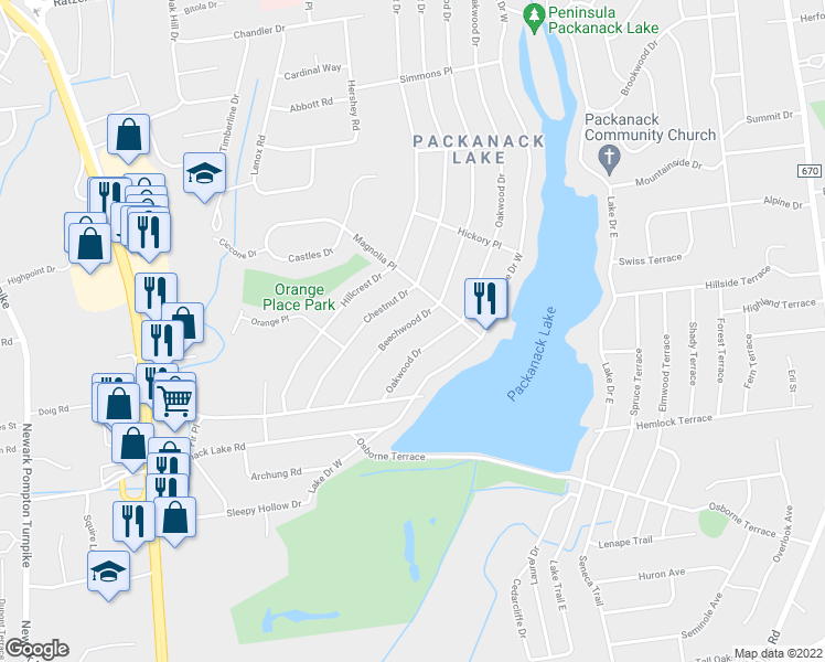map of restaurants, bars, coffee shops, grocery stores, and more near 36 Beechwood Drive in Wayne