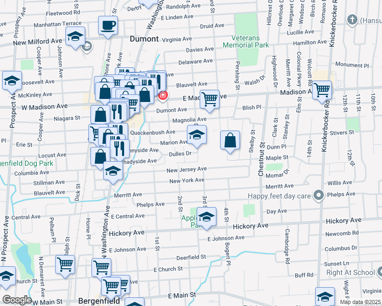 map of restaurants, bars, coffee shops, grocery stores, and more near 138 Dulles Drive in Dumont