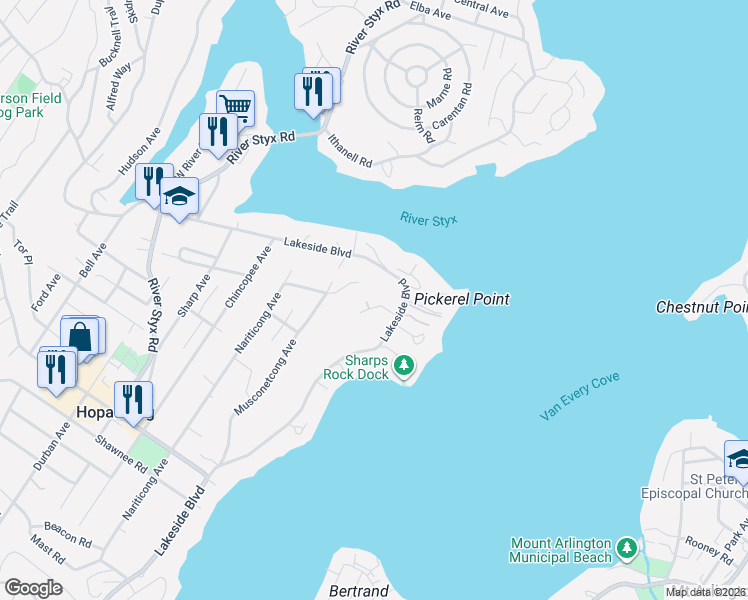 map of restaurants, bars, coffee shops, grocery stores, and more near 346 Lakeside Boulevard in Hopatcong