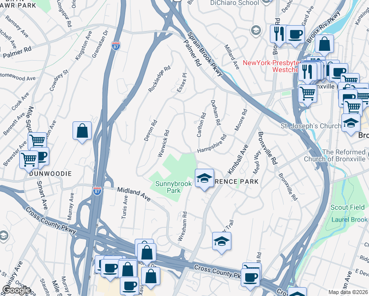 map of restaurants, bars, coffee shops, grocery stores, and more near 27 Carlton Road in Yonkers