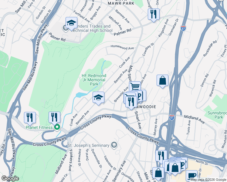 map of restaurants, bars, coffee shops, grocery stores, and more near 174 Bennett Avenue in Yonkers