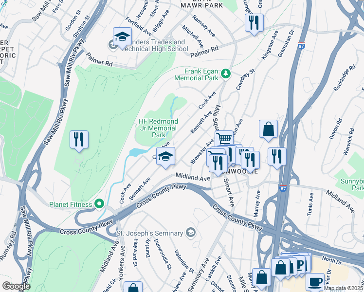map of restaurants, bars, coffee shops, grocery stores, and more near 174 Bennett Avenue in Yonkers