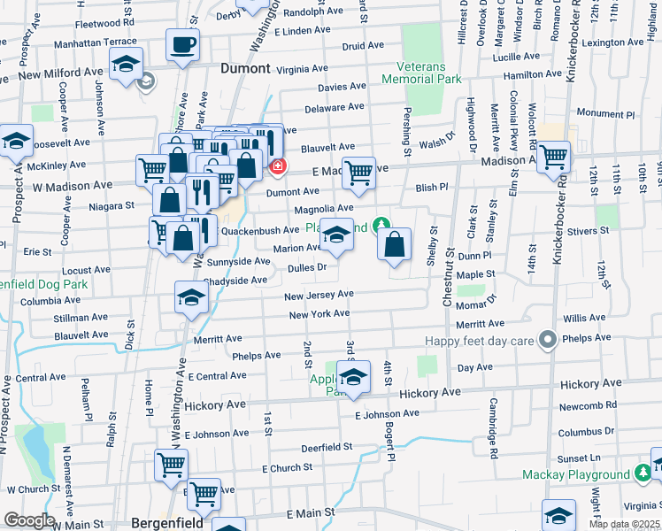 map of restaurants, bars, coffee shops, grocery stores, and more near 36 Depew Street in Dumont