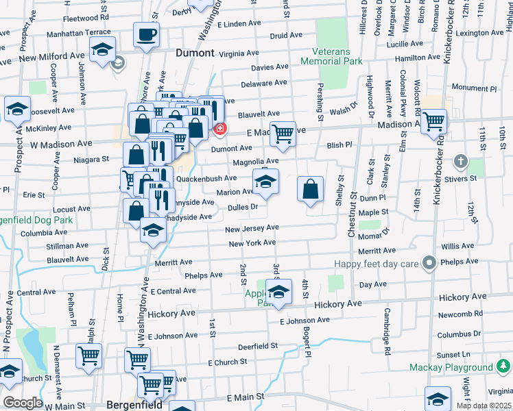 map of restaurants, bars, coffee shops, grocery stores, and more near 85 Marion Avenue in Dumont