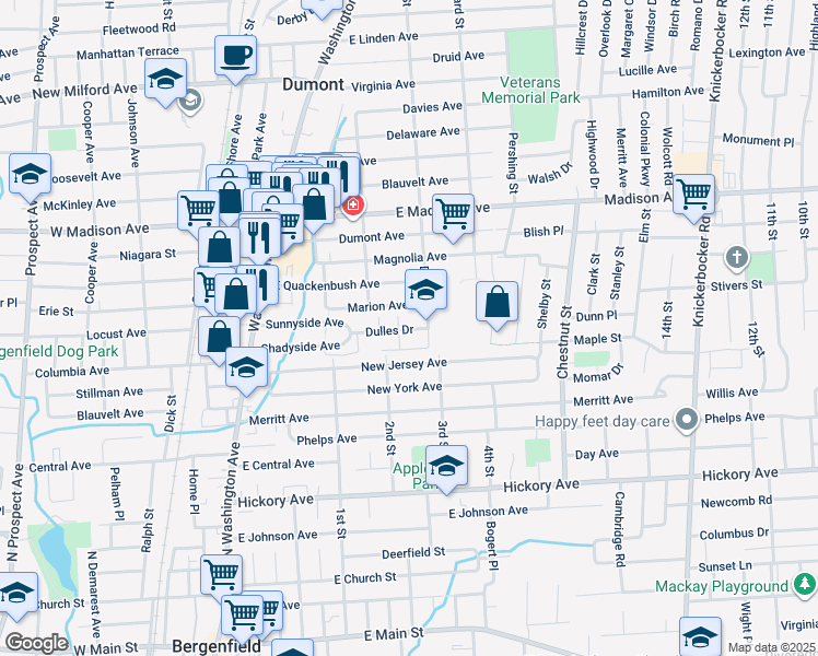 map of restaurants, bars, coffee shops, grocery stores, and more near 85 Marion Avenue in Dumont