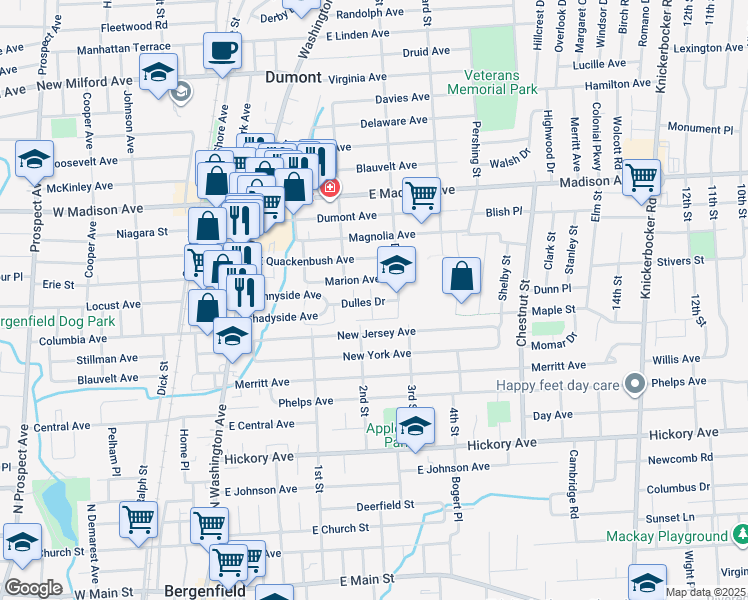 map of restaurants, bars, coffee shops, grocery stores, and more near 85 Marion Avenue in Dumont