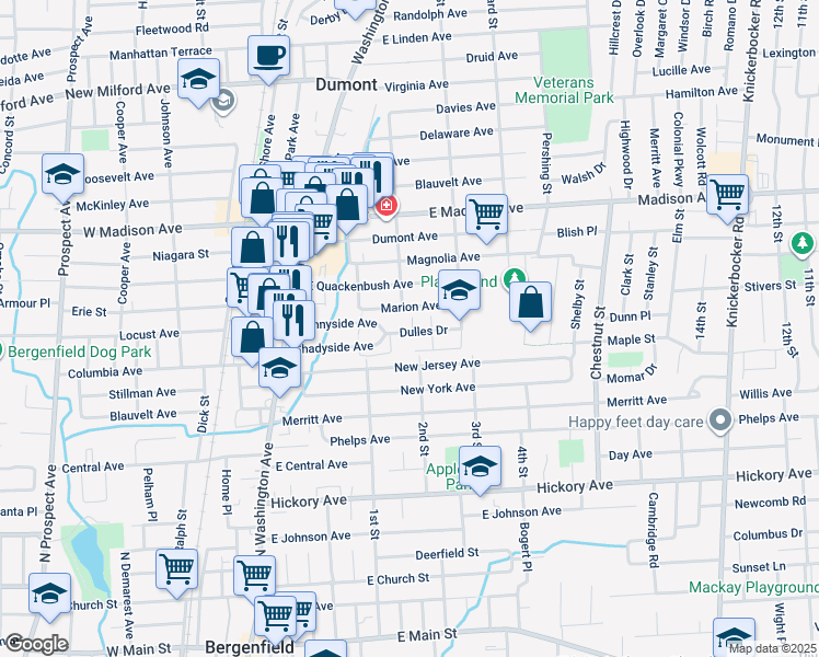 map of restaurants, bars, coffee shops, grocery stores, and more near in Dumont