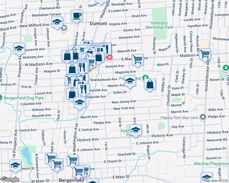 map of restaurants, bars, coffee shops, grocery stores, and more near in Dumont