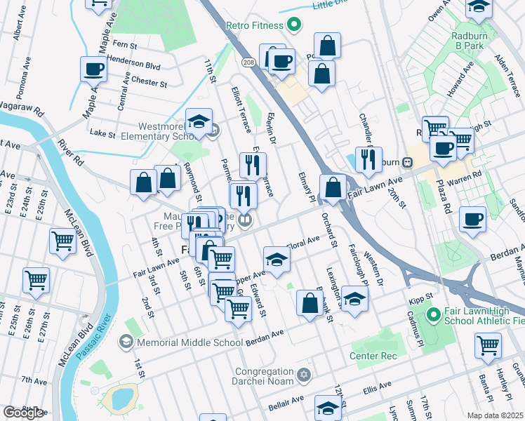 map of restaurants, bars, coffee shops, grocery stores, and more near 15-03 Everett Terrace in Fair Lawn
