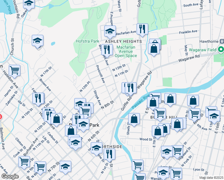 map of restaurants, bars, coffee shops, grocery stores, and more near 77 Westervelt Avenue in Hawthorne