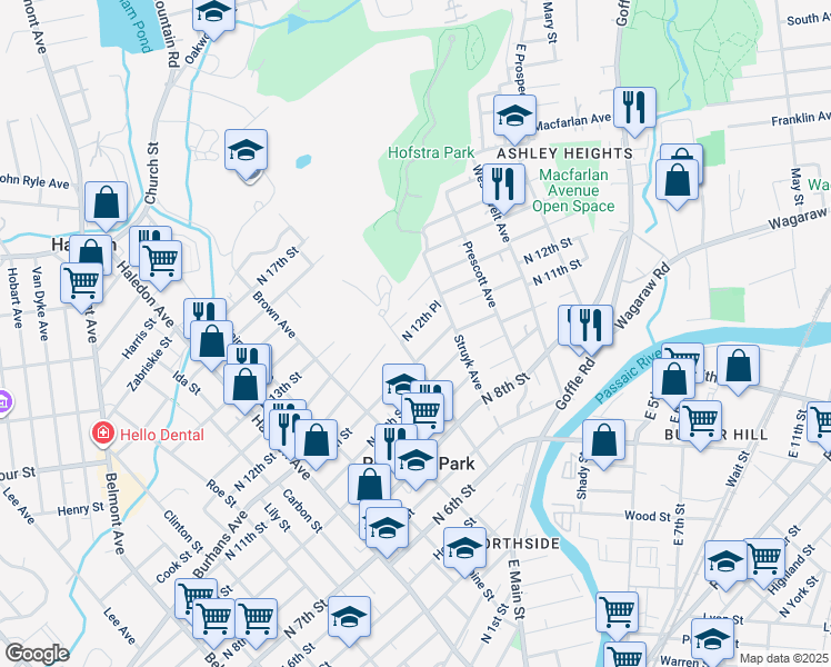 map of restaurants, bars, coffee shops, grocery stores, and more near 253 North 12th Place in Prospect Park