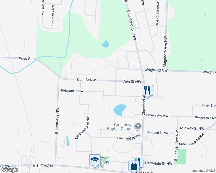 map of restaurants, bars, coffee shops, grocery stores, and more near 3435 Cain Street Northwest in North Canton