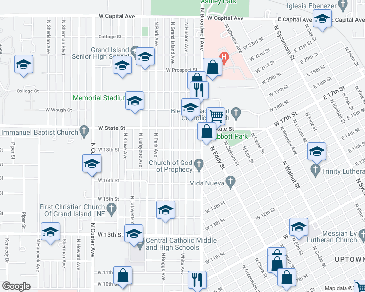 map of restaurants, bars, coffee shops, grocery stores, and more near 1825 North Grand Island Avenue in Grand Island