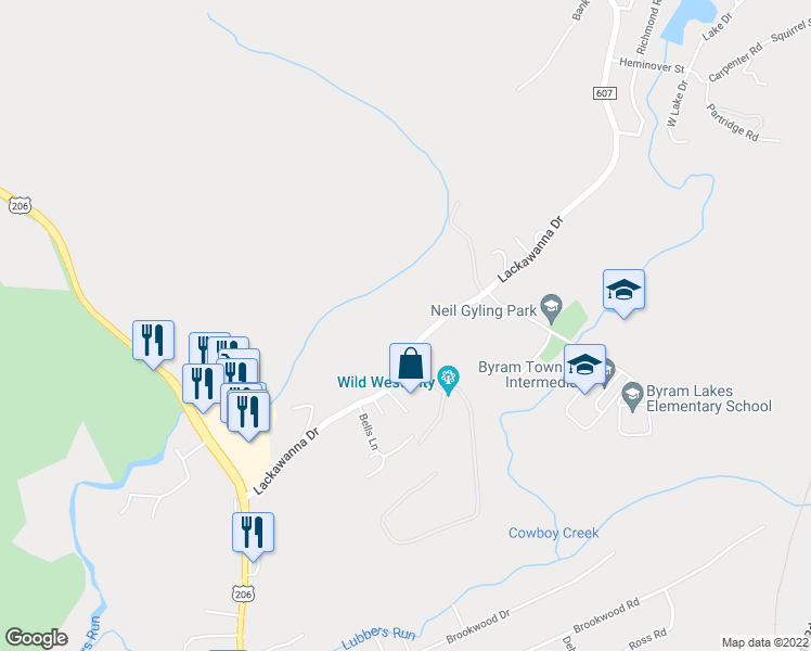 map of restaurants, bars, coffee shops, grocery stores, and more near 55 Lackawanna Drive in Stanhope