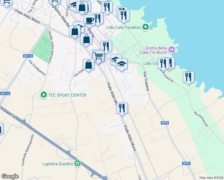 map of restaurants, bars, coffee shops, grocery stores, and more near 192 Viale Aldo Moro in Monopoli