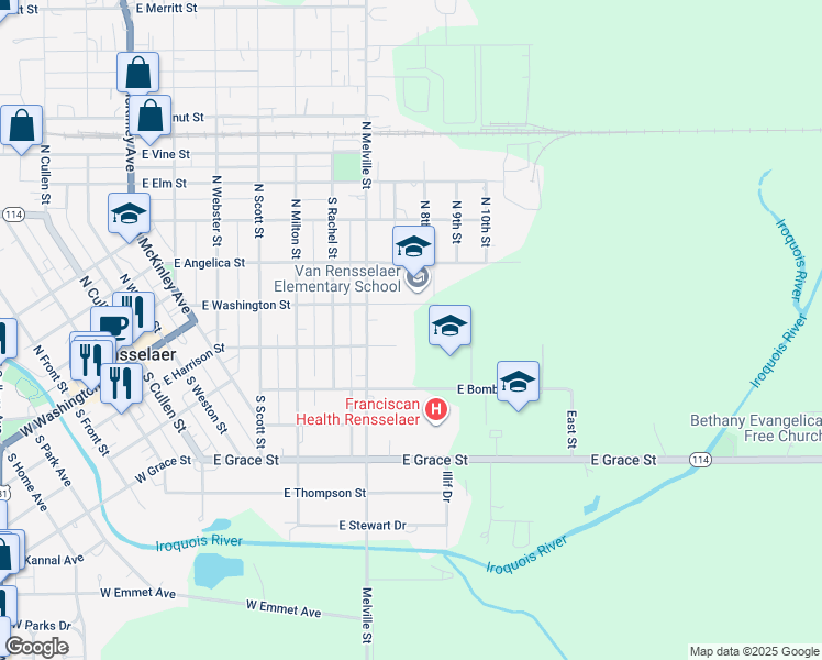 map of restaurants, bars, coffee shops, grocery stores, and more near 902 East Washington Street in Rensselaer