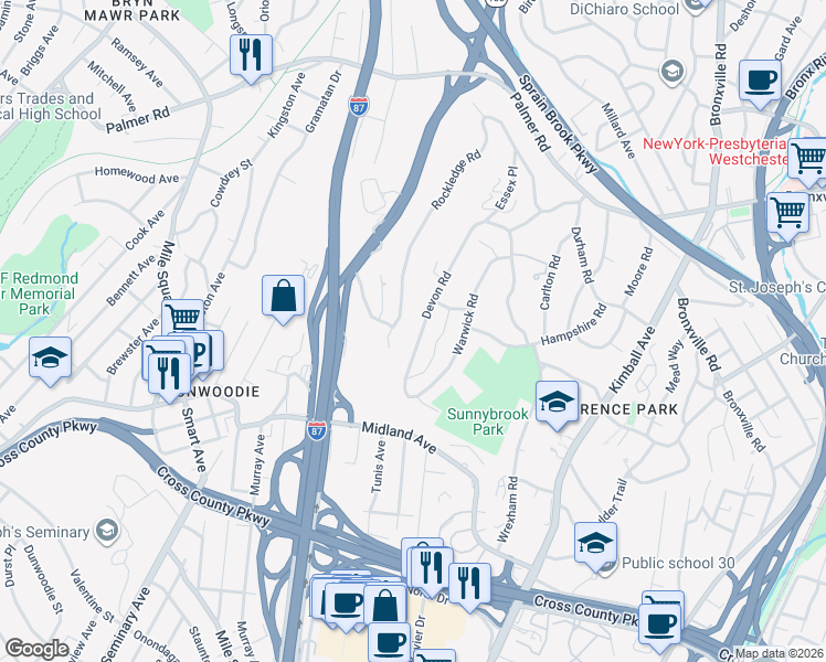 map of restaurants, bars, coffee shops, grocery stores, and more near 104 Rockledge Road in Yonkers