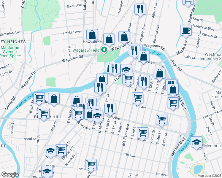map of restaurants, bars, coffee shops, grocery stores, and more near 57 East 16th Street in Paterson