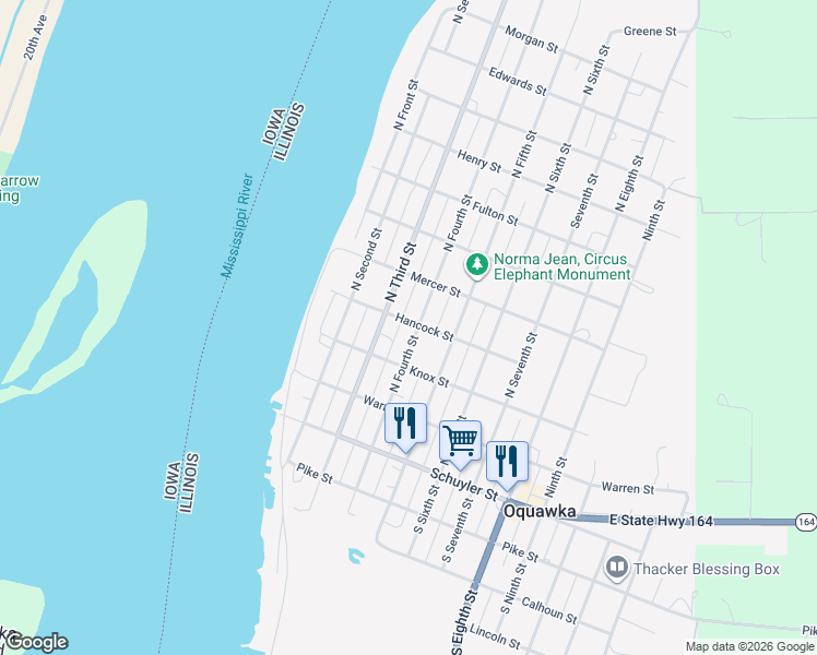 map of restaurants, bars, coffee shops, grocery stores, and more near Hancock Street in Oquawka