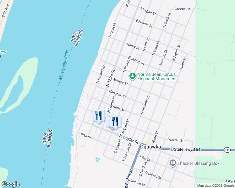 map of restaurants, bars, coffee shops, grocery stores, and more near Hancock Street in Oquawka
