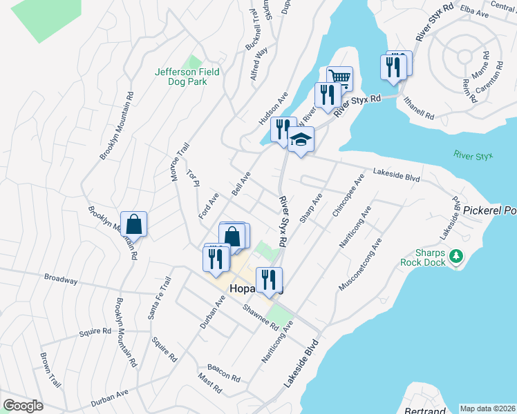 map of restaurants, bars, coffee shops, grocery stores, and more near 32 Mountain Road in Hopatcong