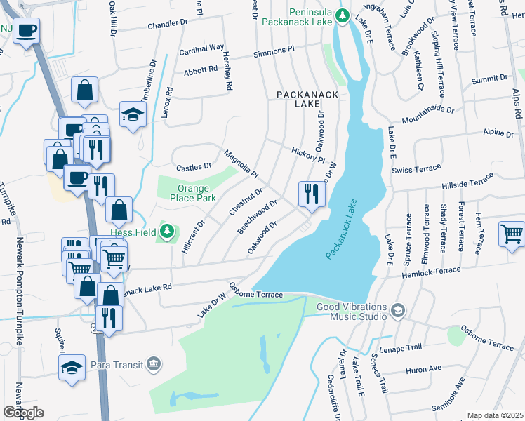 map of restaurants, bars, coffee shops, grocery stores, and more near 58 Chestnut Drive in Wayne