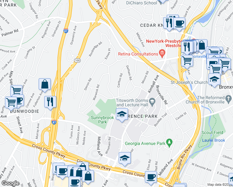 map of restaurants, bars, coffee shops, grocery stores, and more near 27 Carlton Road in Yonkers