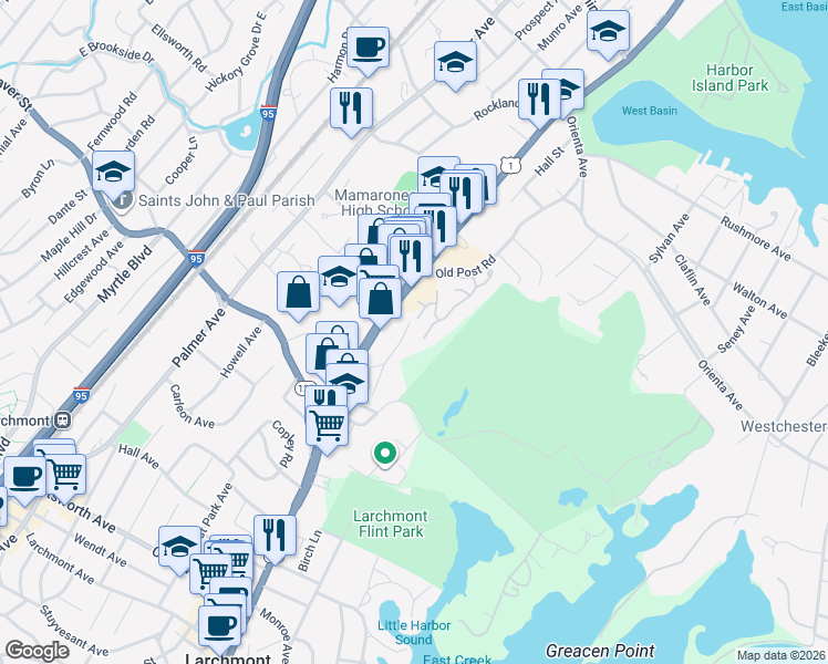 map of restaurants, bars, coffee shops, grocery stores, and more near 404 Fairway Green in Mamaroneck
