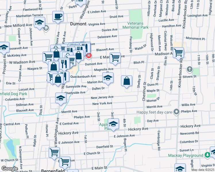 map of restaurants, bars, coffee shops, grocery stores, and more near 36 Depew Street in Dumont