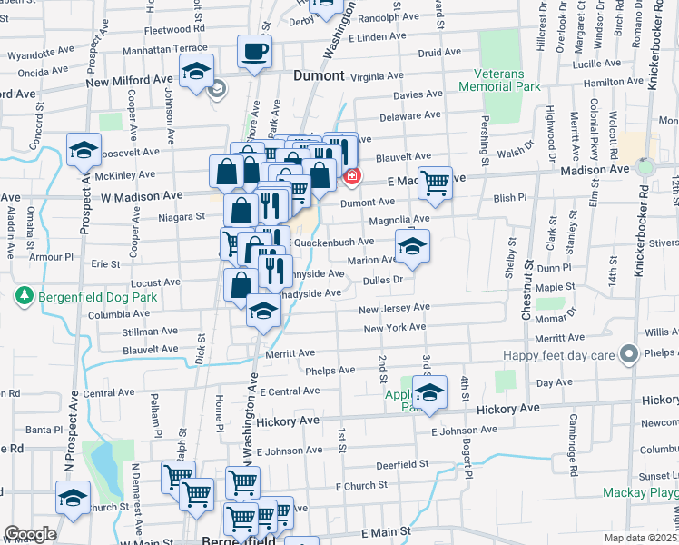 map of restaurants, bars, coffee shops, grocery stores, and more near 8 Brook Street in Dumont