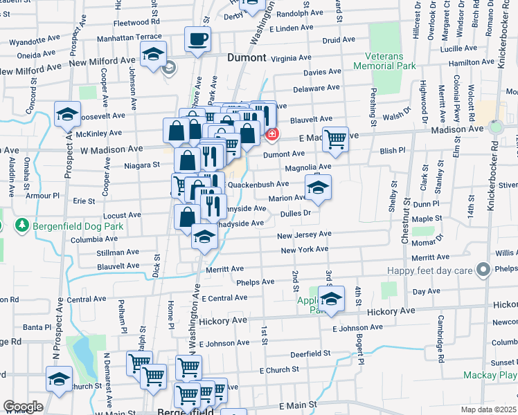 map of restaurants, bars, coffee shops, grocery stores, and more near 8 Brook Street in Dumont