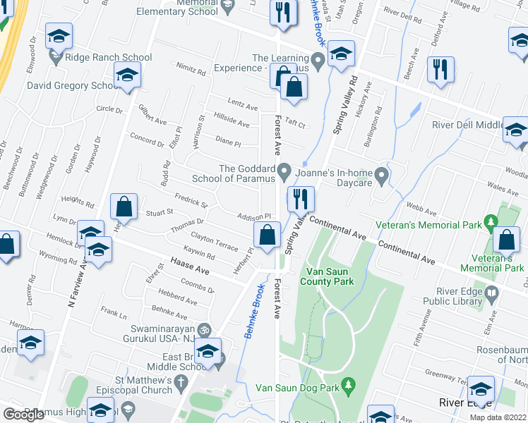 map of restaurants, bars, coffee shops, grocery stores, and more near 322 Bullard Avenue in Paramus