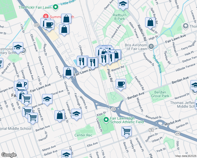 map of restaurants, bars, coffee shops, grocery stores, and more near 20-20 Fair Lawn Avenue in Fair Lawn