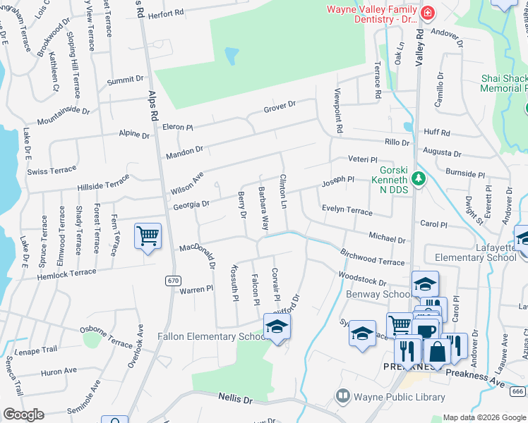 map of restaurants, bars, coffee shops, grocery stores, and more near 24 Barbara Way in Wayne