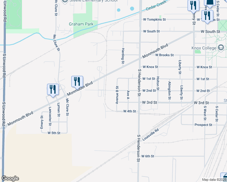 map of restaurants, bars, coffee shops, grocery stores, and more near 800 Avenue B Street in Galesburg