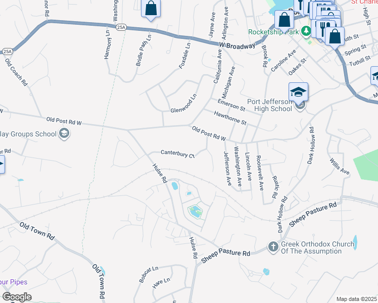map of restaurants, bars, coffee shops, grocery stores, and more near 11 Canterbury Court in Setauket- East Setauket