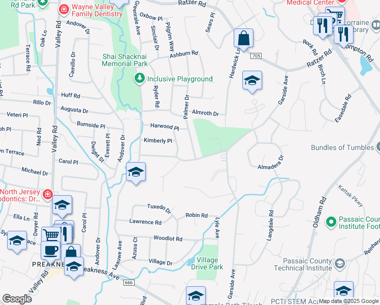 map of restaurants, bars, coffee shops, grocery stores, and more near 7 Palmer Drive in Wayne