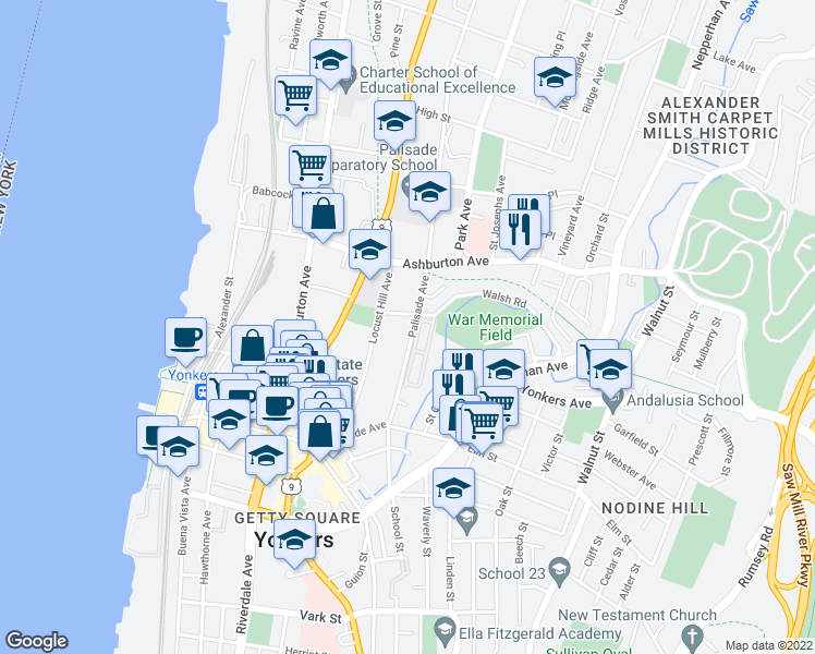 map of restaurants, bars, coffee shops, grocery stores, and more near 125 Palisade Avenue in Yonkers