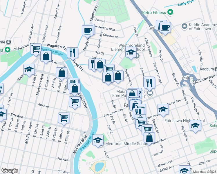map of restaurants, bars, coffee shops, grocery stores, and more near 17-10 River Road in Fair Lawn