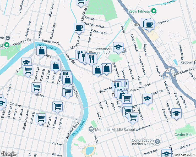 map of restaurants, bars, coffee shops, grocery stores, and more near 17-10 River Road in Fair Lawn