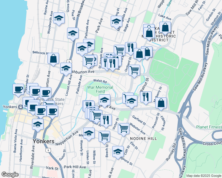 map of restaurants, bars, coffee shops, grocery stores, and more near 289 Nepperhan Avenue in Yonkers