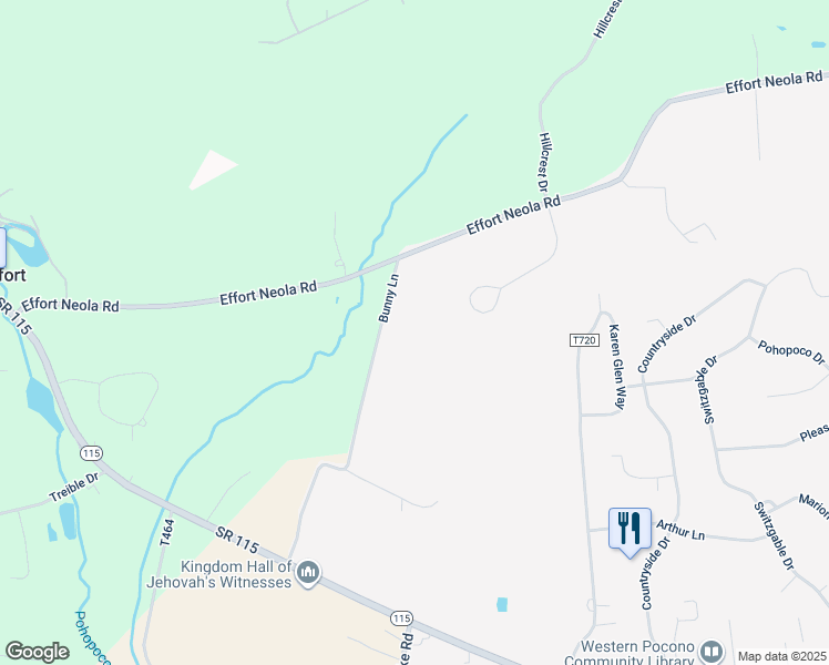 map of restaurants, bars, coffee shops, grocery stores, and more near 1312 Bunny Lane in Brodheadsville