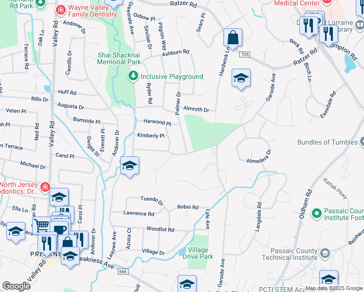 map of restaurants, bars, coffee shops, grocery stores, and more near 7 Palmer Drive in Wayne