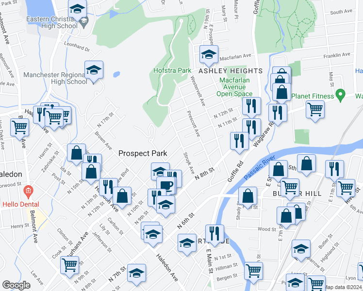 map of restaurants, bars, coffee shops, grocery stores, and more near Struyk Avenue in Prospect Park